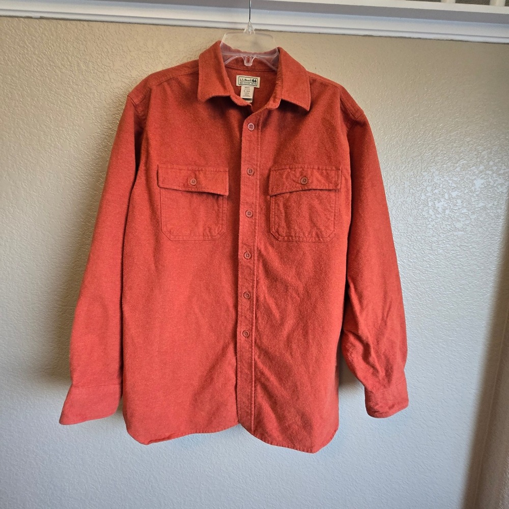 LL Bean Mens Chamois Cloth Shirt Burnt Orange Cotton Flannel M